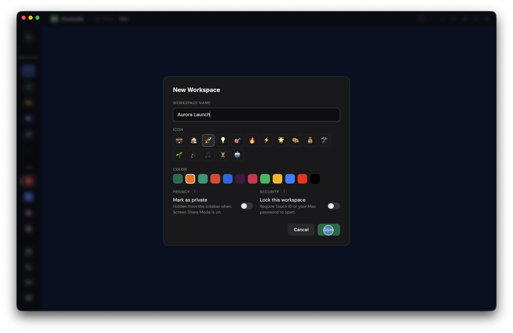 Dockside for Mac showing the create-workspace screen, with apps organized in the sidebar.