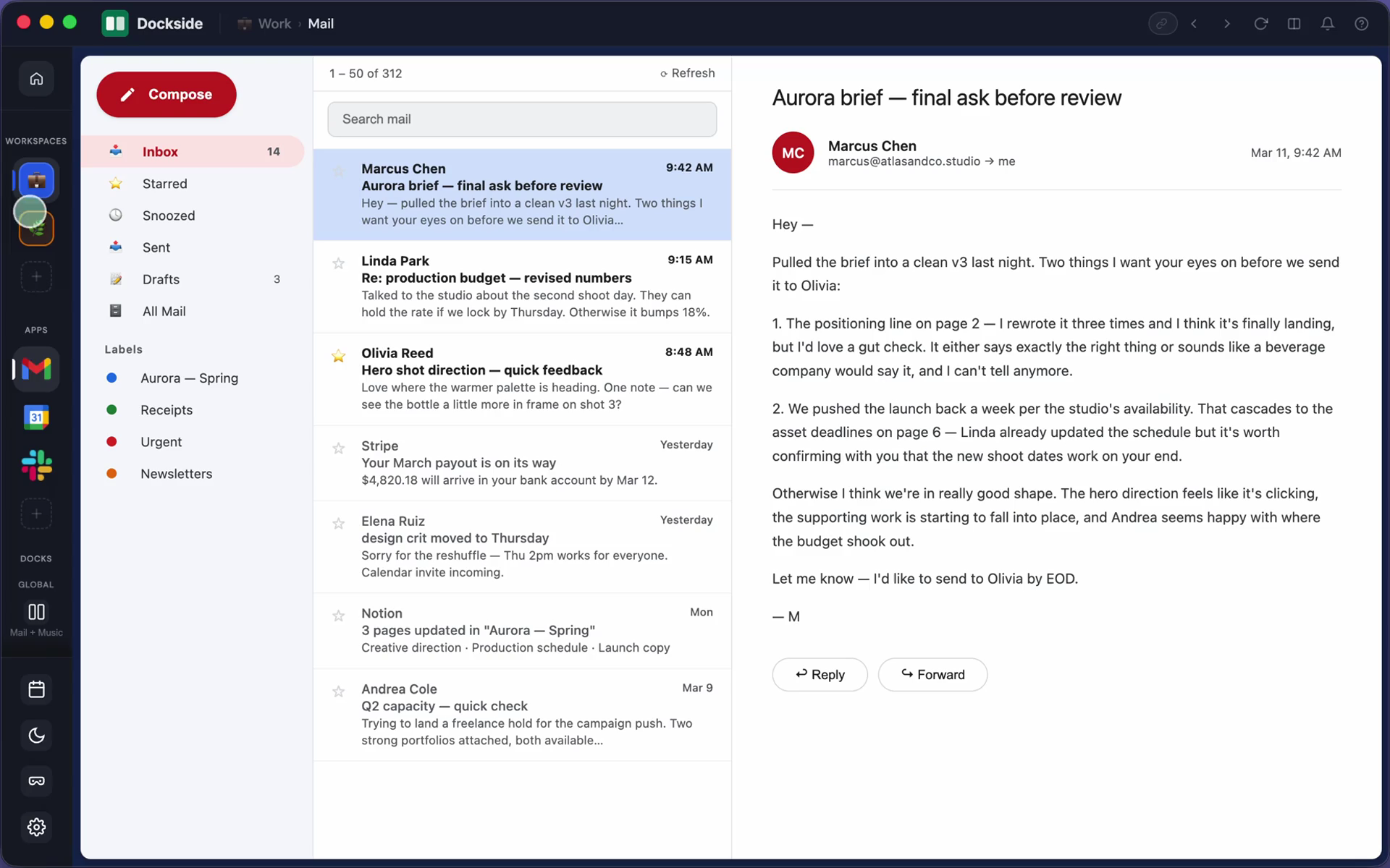 Dockside Mac app showing a Work workspace with Mail open.