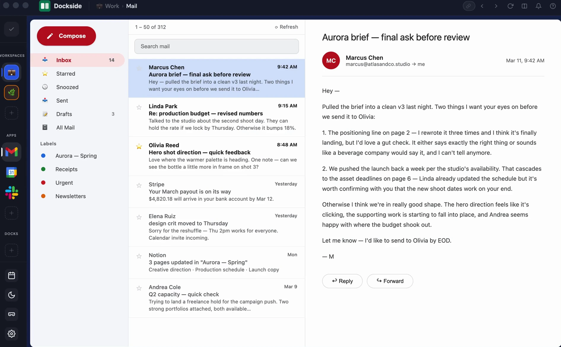Dockside Mac app showing a Work workspace with Mail open.